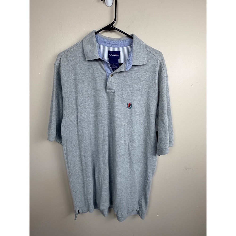 Catalina Mens Gray Short Sleeve Polo Shirt Large Embroidered Crest Cotton Blend
